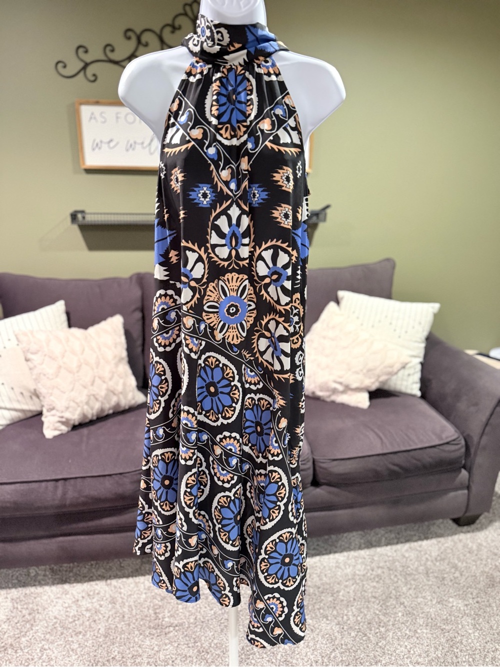 Anthropologie 100% Silk Black Dress with Blue and Cream Floral Accents